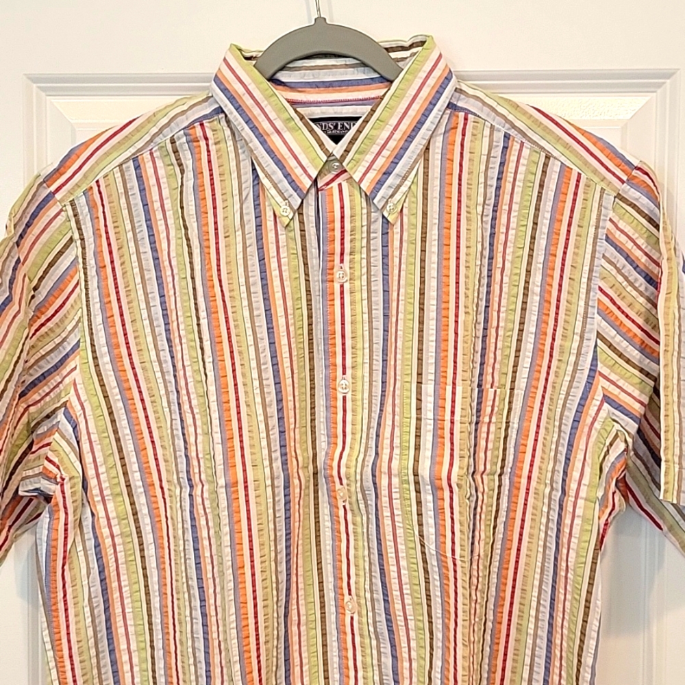 Lands End Seersucker Button Up Shirt Shortsleeve Men's LARGE Multicolor NIP - Picture 2 of 5